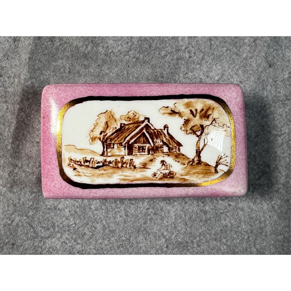 Hand Painted Trinket Box June Gaskin 2003 Pink Gold England Cottage Scene